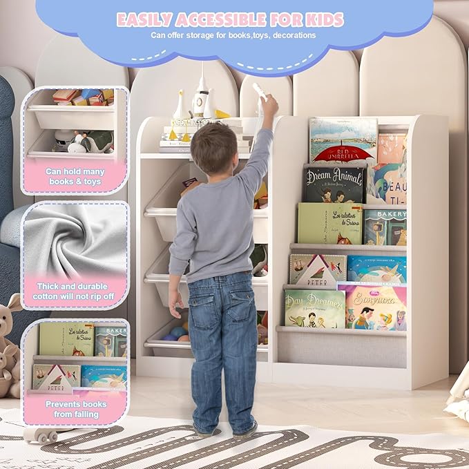 White Kids Wood Bookshelf Toy Storage Box Organizer Shelf W/4 Removable Plastic Toy Bins Children Bookcase Toddler Baby Sling Book Rack Cabinet Chest Girl Boy Gift Playroom Classroom Bedroom Nursery