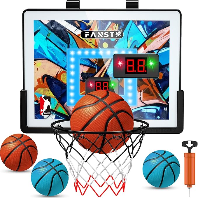 Over The Door Basketball Hoop, Basketballs Hoops Indoor for Kids with LED Cheering, Anti-Impact, 2 Game Mode& Mute Mode, Mini Hoops Door Slam Toy with 4 Ball for 5 6 7 8 9 10 11 12 Old Boys