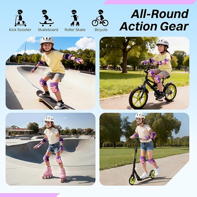 ZIFFY Knee Pads for Kids, Adjustable Knee and Elbow Pads Set with Wrist Guard, Protective Gear for Boys Girls Skateboard Roller Skating Cycling Bike – 2 Sizes, 4 Colors by Jova