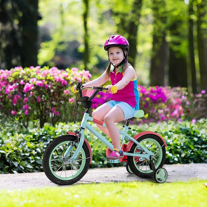BABY JOY Colorful Macarons Kids Bike, 12 14 16 18 Inch Sporty Children's Bicycle with Training Wheels, Adjustable Handlebar & Saddle, Handbrake & Coaster Brake, Boys Girls Bike for 3-8 Years Old