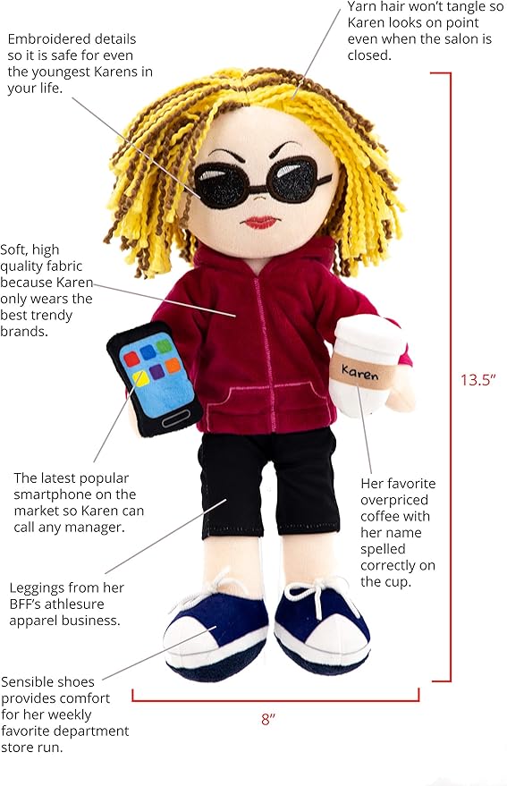 Taylor Toy Karen Rag Doll, Funny Plush Doll for Adults & Kids - Hilarious White Elephant Gift, Novelty Stuffed Toy, Stocking Stuffer, Gag Present, Mother’s Day Joke Gift, Birthdays & Any Occasion