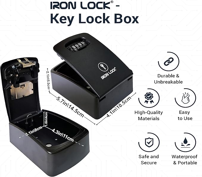 Iron Lock® XXL Wall Mount Key Lock Box for Keys 4 Digit Combination with Resettable Code with A B Switch Extra Large lockbox Indoor Outdoor Waterproof Big Key Lock Box House Spare Keys (XXL, Black)