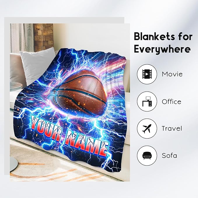 Basketball Blanket for Boys Personalized Throw Gifts - Lightning Sport Theme Custom Throws for Couch, Bed (4 Sizes Choose)