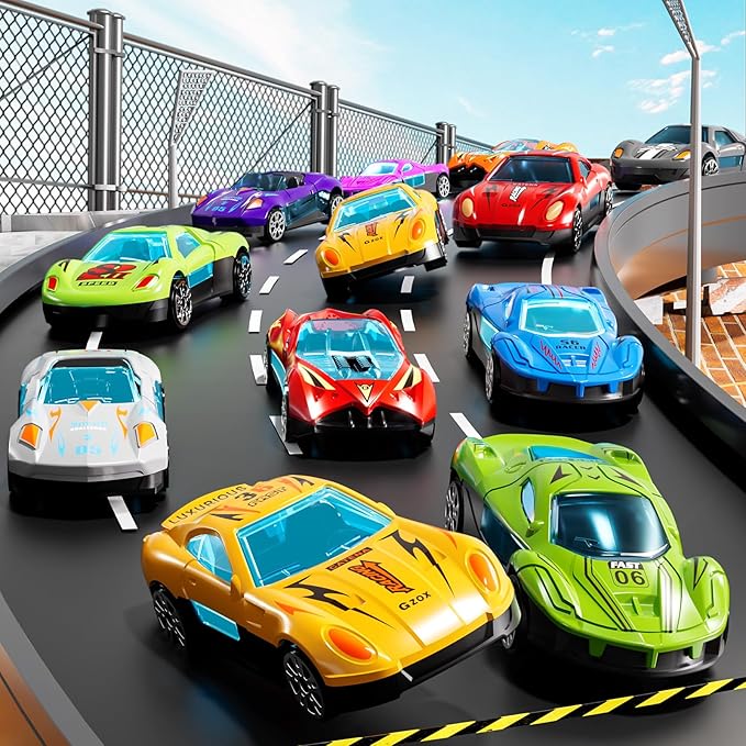 Cars Truck Set Transport Toy for Kids, Race Track Set with 12 Die-Cast Cars, Trucks Playset, 2-Tier Launching Tracks, Carrier Toy for Boys Girls Birthday Gifts for Boys Ages 1-3 2-4 3-5 4-7