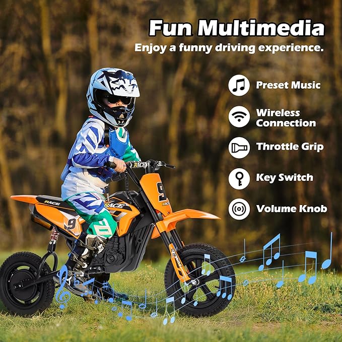24V Electric Dirt Bike for Kids, 250W Electric Motorcycle Up to 11 MPH & 10 Miles Long-Range, Twist-Grip Throttle, 12" Knobby Tires, Spring Suspension, Music, Orange (with Cover)