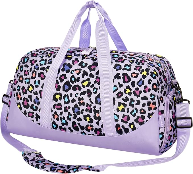 Choco Mocha Duffle Bag Kids Girls - Cheetah Leopard Overnight Bags for Kid with Shoes Compartment, Cute Weekender Bag for Sleepover Travel, Purple