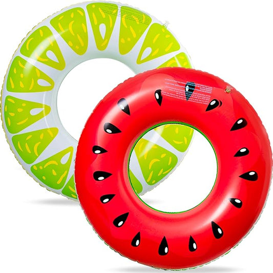 90shine 2PCS Fruit Pool Floats: Watermelon Lime Swimming Rings - Inflatable Tubes Floaties Toys for Kids Adults