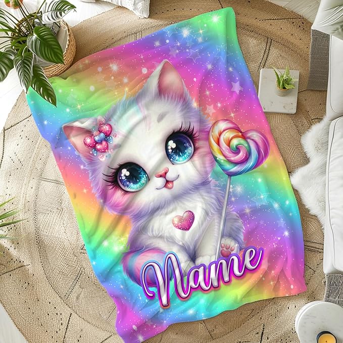 Blanket for Kids Toddlers Girls Age 3-5 Personalized Cute Cat Themed Stuff Throws, 30x40 Inches Small Soft Fluffy Warm Customized Name Cat Prints Throws Gifts for Sofa Chairs Lap
