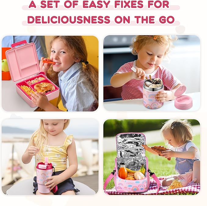 Lunch Box Set with Bento Box Container, 17OZ Stainless Steel Food Soup Thermo, Kids Water Bottle & Portable Insulated Lunch Bag – Leakproof, Hot/Cold Retention for School, Travel(Pink-Rainbow)