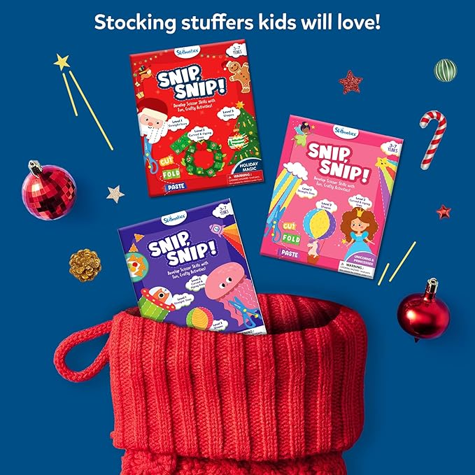 Skillmatics Scissor Skills Activity Book - Snip Snip Animals, Stocking Stuffers, 25 Fun Cutting & Creative Activities, 2 Child-Safe Scissors, Felt Craft Kit, Christmas Gift for Kids Ages 3, 4, 5, 6, 7