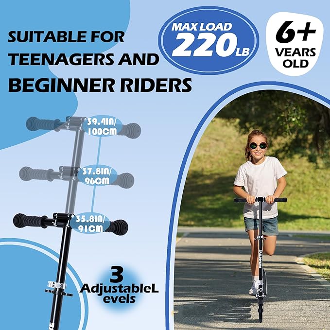 Kick Scooter for Kids Ages 6+, Teens & Adults, Adjustable Handlebars, Rear Brake, Big Wheel Foldable Scooter for Indoor & Outdoor