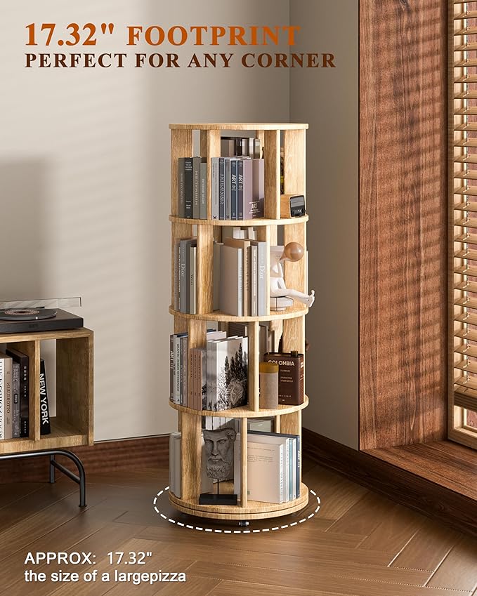 4-Tier Solid Wood Rotating Bookshelf on Wheels, 360° Spinning Book Shelf Tower, Round Revolving Bookcase Organizer, Rolling Bookshelves for Small Spaces, Corner, Bedroom, Kids Room, Office, Natural