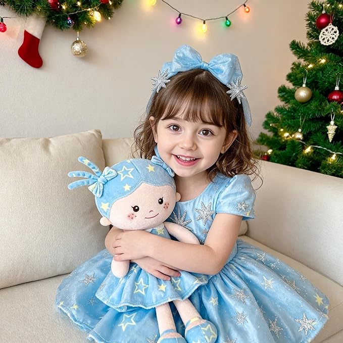 Onetoo First Baby Doll Plush Rag Doll Baby Girls Dolls Soft Baby Doll for Girls Wear Star Blue Sleeveless Dress 14"