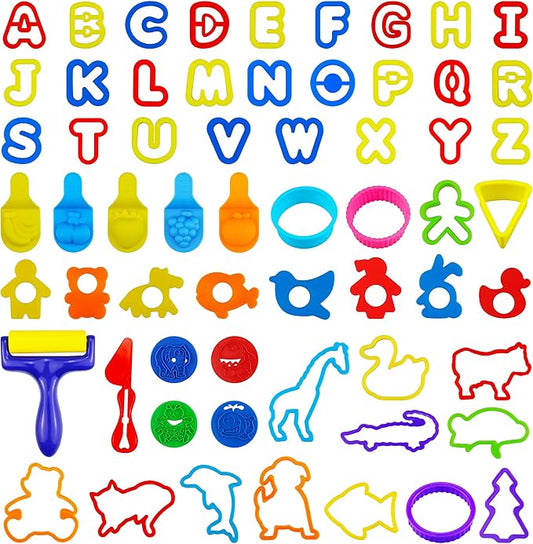 FRIMOONY Plastic Dough Tools for Kids, with Capital Letters, Cookie Cutters, Stamps, Multi-Color, 61 Pieces