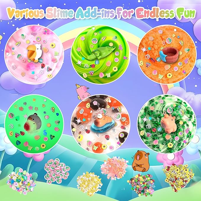 Capybara Slime Kit, 20oz Total, Slime Sensory Stress Relief Kit Includes 6 Different Texture Slimes, Glow in The Dark Slime with Cute Add-ins, ASMR, Perfect Slime Kit for Girls Ages 8-12