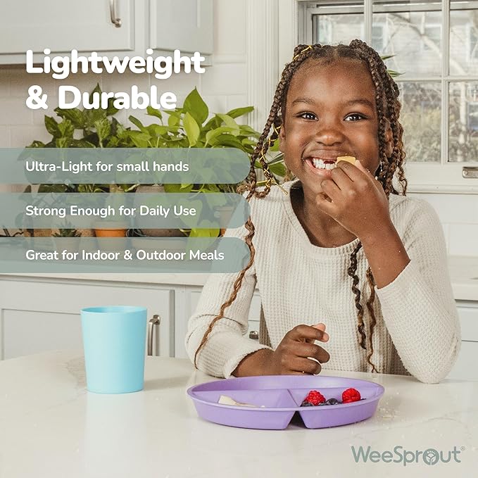 WeeSprout Divided Bamboo & Melamine Plates for Kids - Set of 4 Toddler Dinnerware, Food Grade, Kid Safe with Divided Design for Picky Eaters, Dishwasher Safe, Reusable Modern Tableware