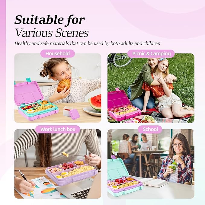 QCQHDU Bento lunch Box for Kids-4 Compartment,1180ml Lunch Containers for Adults,Microwave & Dishwasher & Freezer Safe,School,Work,Picnics with Sauce Vontainers,BPA-Free(Mermaid)