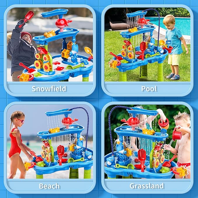 3-Tier Water Table with Pump for Toddlers Kids Ages 3-5 4-8, Outdoor Water and Sand Table Beach Toys, Toddler Activity Sensory Water Sand Table with Rain Showers Splash Pond for Kids Boys Girls