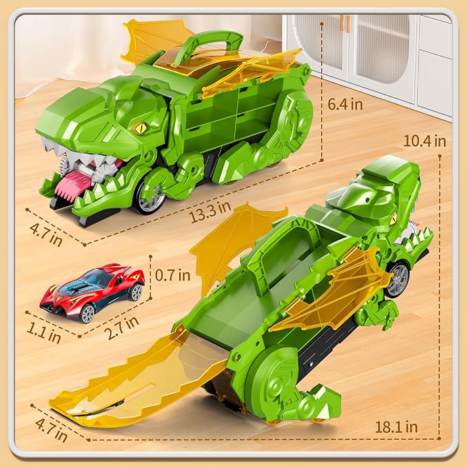 Toddler Truck Toys for 3 4 5 6 Years Old Boys, Toys Cars Track Set Dinosaur Transporter Truck with 10 Die-Cast Car Toys, Toddler Car Toys Gift Set for Kids Boys Girls