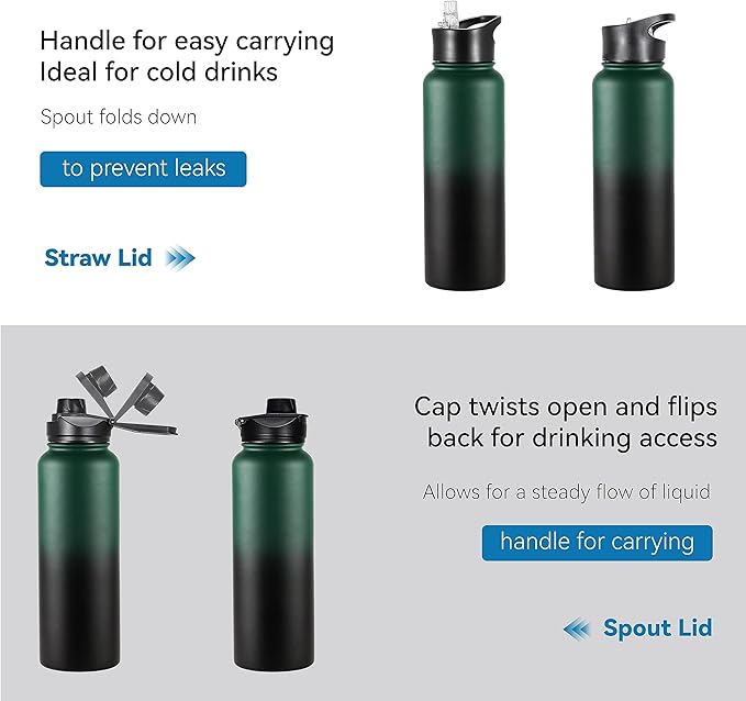 VEGOND 40 oz Insulated Water Bottle Stainless Steel Metal Water Bottles with Leak Proof Straw Lid & Spout Lid, Wide Mouth Double Walled Vacuum Travel Sports Bottle, Dark Green Black