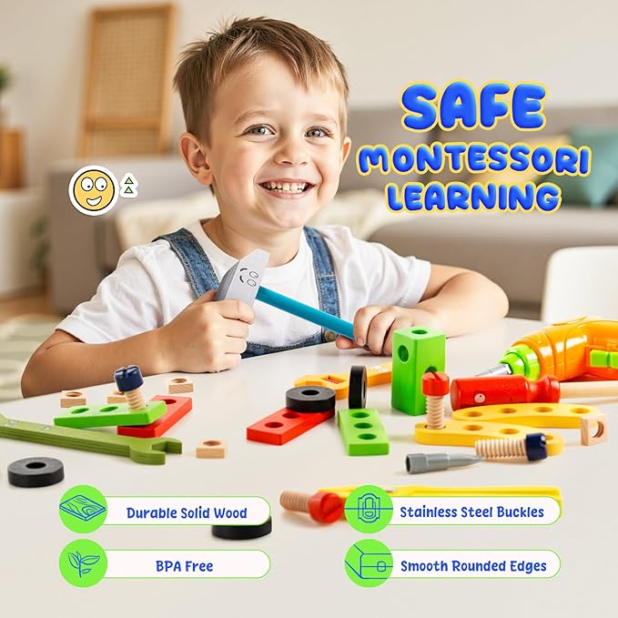 Kids Tool Set with Drill, Montessori Toys for 3 4 5 6 Years Boys Girls, Toddler Stocking Stuffers, Kids Christmas Toys, 37 Pcs Wooden STEM Construction Learning Pretend Play Games