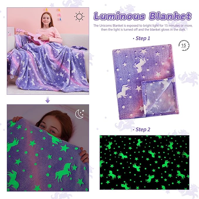 QSTEHEML Unicorns Glow in The Dark Blanket for Girls,Unicorn Gifts for Girls Age 3 4 5 6 7 8 9 10 11 12 Year Old, Soft Unicorns Purple Blanket - Christmas Birthday Bedroom Decor 50"×60"