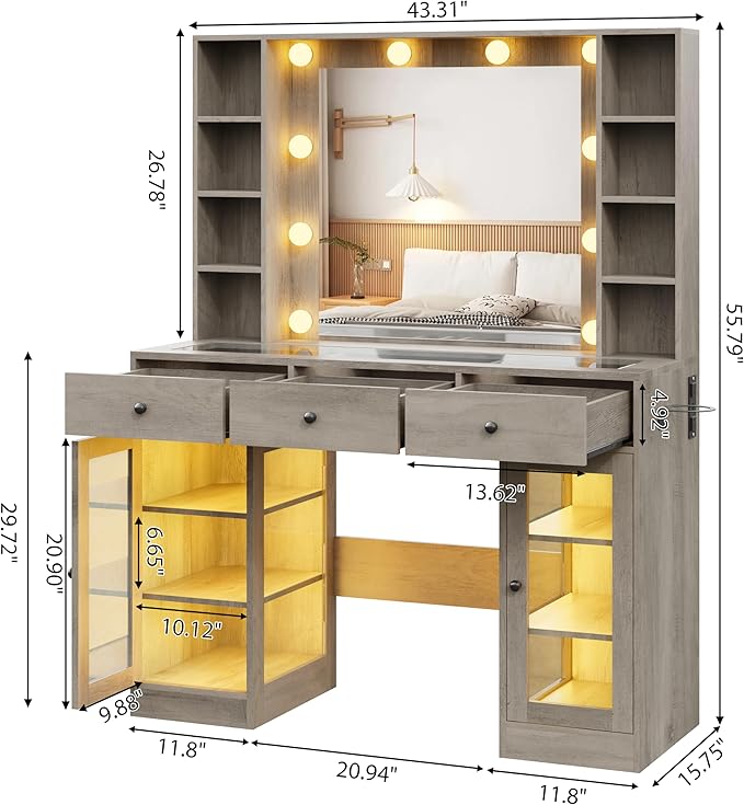 Makeup Vanity with Mirror and Lights, 43'' Wide Dressing Table with Storage Drawers, Open Shelves & Power Outlet, Vanity Desk with RGB Cabinet & Glass Top for Girls Bedroom, Living Room, Grey