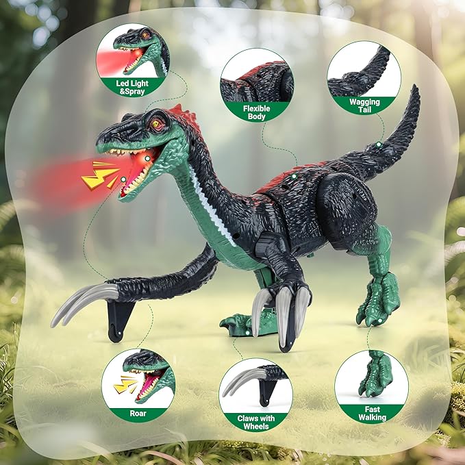 Remote Control Dinosaur Toys for Kids - Big Electronic RC Walking Realistic Dinosaur Toys with Spray & Light & Roar, Jurassic Velociraptor Toy Christmas Birthday Gift for Boys and Girls 3-12 (Green)