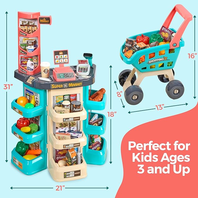 MEDca Kids Play Supermarket Set with Scanner - Pretend Play Grocery Shop Set - 47 Piece Complete Playset with Cash Register Credit Card Machine Scanner Shop Trolley and Food Gift for Boys and Girls