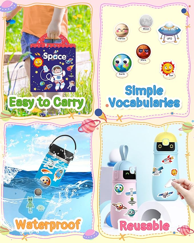 Benresive Reusable Sticker Book for Toddlers 2-4 Years, Fun Travel Stickers for Kids, Waterproof Sticker Books for Toddlers 1-3, Crafts Activities for Toddler 1-3 2-4 3-5 - Space