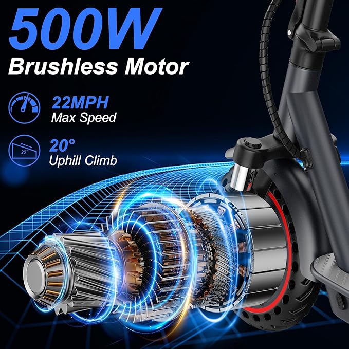 Electric Scooter, 500W Powerful Motor Scooter, 10" Solid Tires, 22-25 Miles Long Range, 22Mph Max Speed, Foldable E-Scooter Adults with Dual Shock Suspensions and APP Control