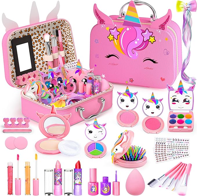Little Girls Makeup Kit, Pretend Make Up for Kids, Princess Play Makeup Set, Toddler Toy Real Washable Cosmetic Set & Nail Kit Birthday Gift for Ages 3 4 5 6 7 8 9 10-12 Year Old, Pink