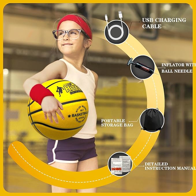 Glow in The Dark Basketball - Water-Resistant, Size 7, Impact Activated, Includes Pump, Manual, Pre-Installed Batteries & 10 Extra Batteries - Light Up Basketball - Orange