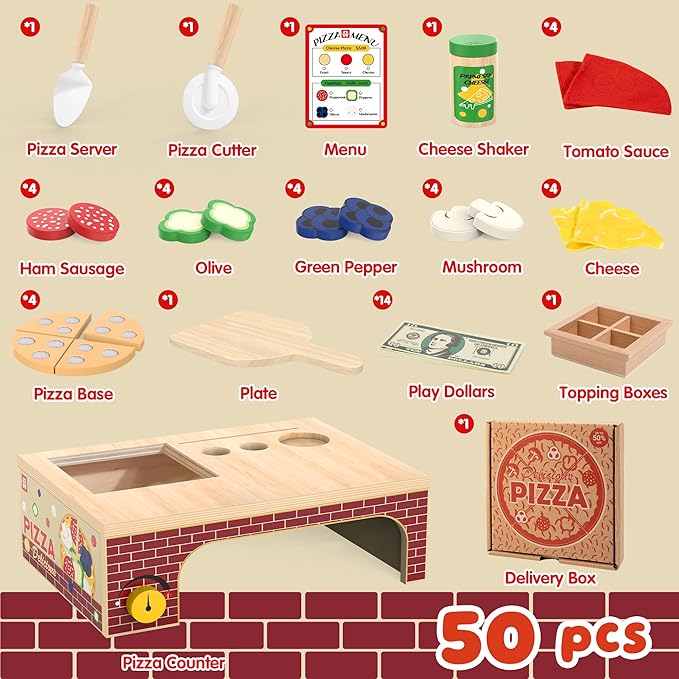 Wooden Pizza Toy - Montessori Pretend Play Food for Ages 3+, Educational Learning Toy Wooden Playset with Bake Oven, Christmas Birthday Gift for 3 4 5 6 Year Old