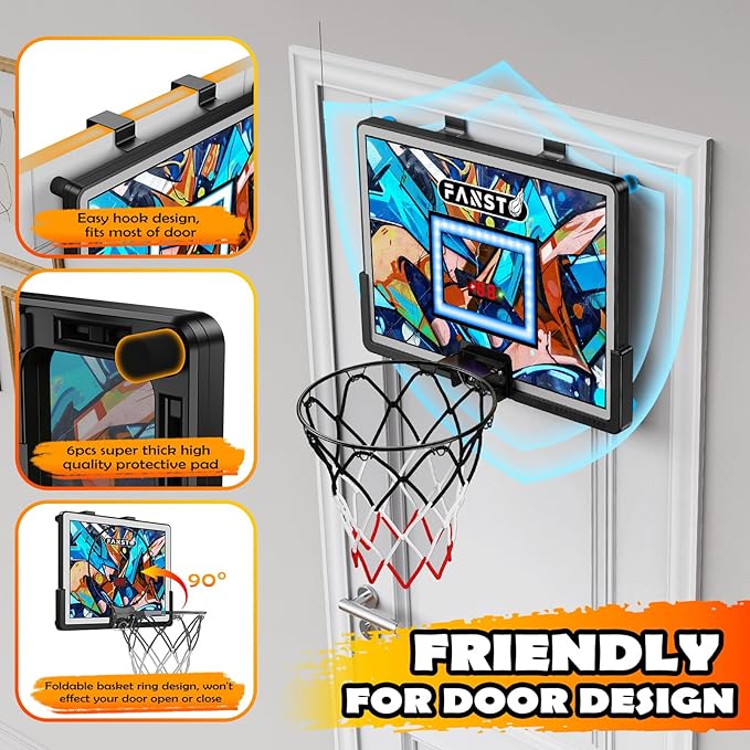Over The Door Basketball Hoop, Basketballs Hoops Indoor for Kids with LED Cheering, Anti-Impact, 2 Game Mode& Mute Mode, Mini Hoops Door Slam Toy with 4 Ball for 5 6 7 8 9 10 11 12 Old Boys