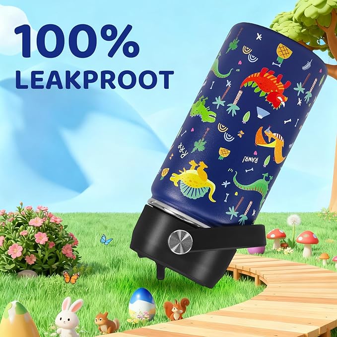 Dinosaur Kids Water Bottle With Straw Lid,14 oz Stainless Steel Travel Bottle,Double Wall Leak Proof Kids Cup,Insulated Tumbler for Toddlers,Metal Bottle for School Boys Girls
