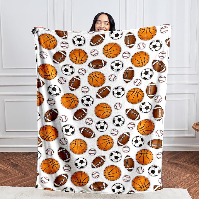 Wajade Sports Balls Blanket for Boys Soft Fleece Baseball Basketball Soccer Blanket for Couch Sofa Bedroom Fuzzy Flannel Blankets Birthday for Kids Boys 50"x60"