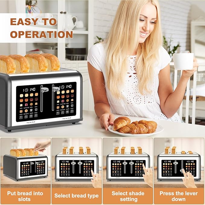 4 Slice Toaster Touch Screen, Stainless Steel Toasters Digital Timer, Dual Control Panel Toasters, 8 Shade Settings 6 Bread Types for Bagel, Cancel, Defrost 1650W Grey