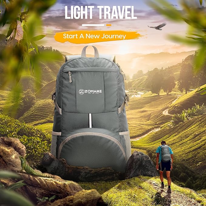 ZOMAKE Lightweight Packable Backpack 35L, Light Foldable Backpacks Water Resistant Collapsible Hiking Bag, Compact Folding Day Pack for Travel Camping(Sliver Grey)