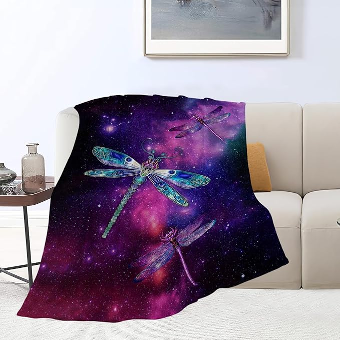 Dragonfly Throw Blanket Flannel Fleece Galaxy Starry Sky Cozy Plush Ultra Soft Warm Blankets Fuzzy Party Blanket Caring Gifts for Girls Women Men Boys 80"X60"