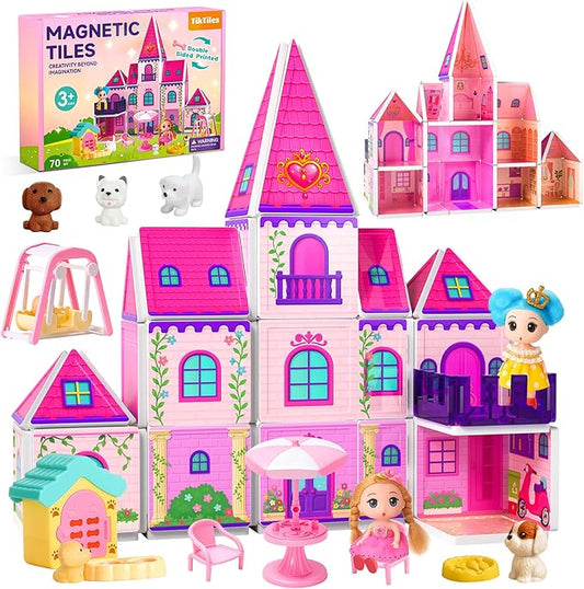 Magnetic Tiles Doll House Building Toys Set with Double Sided Printed Design, Play House Magnetic Blocks for Kids Ages 3-5 4-8, STEM Educational Sensory Magnet Toys Birthday Gifts for Girls