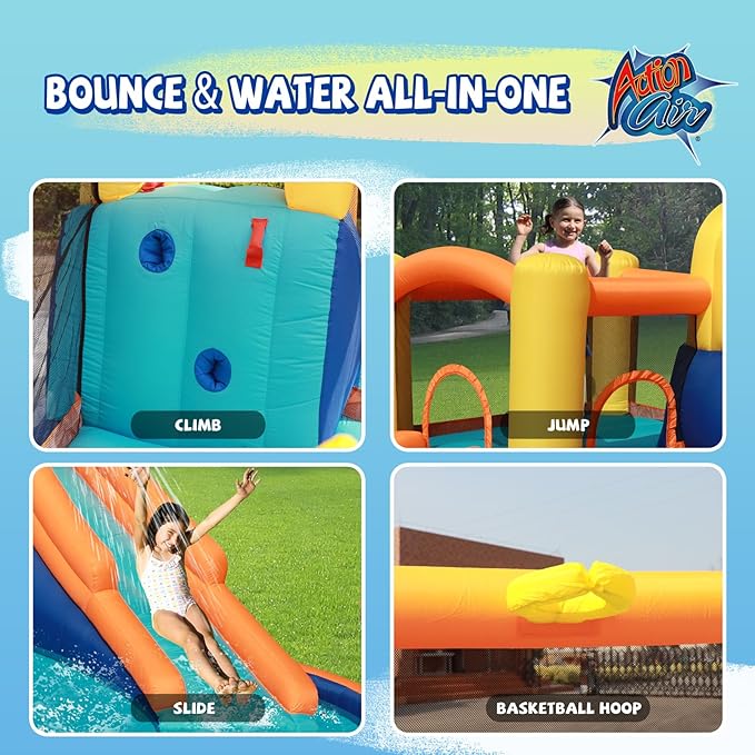 Action Air Water Slide - Inflatable Bounce House with Blower for Indoor & Outdoor - Jump Bouncy Castle with Slide - Big Bouncy Area, Big Pool, Love for Kids