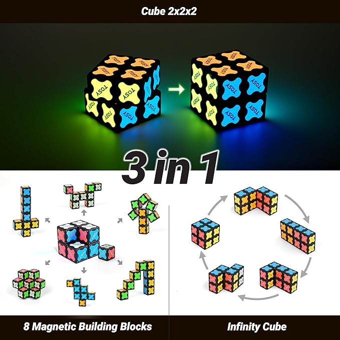 TOSY Magnet Cube 2x2 - 8 Blocks, 2in1 Toy: 2x2x2 Puzzle Cube and Customizable Infinity Cube, Glowing, Christmas Stocking Stuffers Gift for Kids/Grandkids, UV Flashlight, Sensory/STEM Toy
