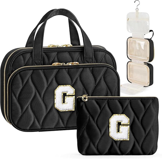 YOOLIFE Initial Toiletry Bag Travel Makeup Bag for Women - Hanging Toiletry Bag, Personalized Birthday Gifts for Women, Vacation Airplane Essentials Black - G