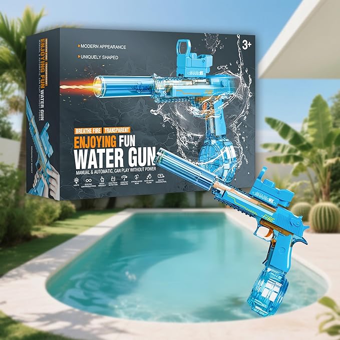 Electric Water Gun for Adults Kids, Automatic Squirt Watergun Pistol with Led Lights, Summer Outdoor Pool Beach Party Toys, Blue