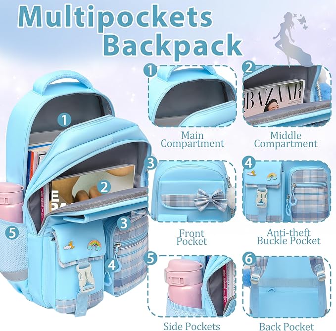 School Backpack for Girls Kids Bookbag for Elementary Middle School Casual Travel Daypack Teen Backpacks Blue