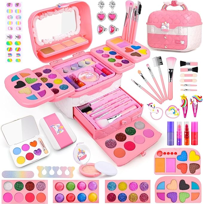 Auney 80 PCS Kids Makeup Kit for 3 4 5 6 7 8 Years Old, Unicorn Girls Toy for Little Girls Birthday, Princess Toys Dress Up Toy for Performance Dance Show Role Play Party