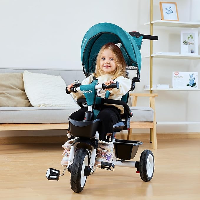 Baby Trike, 6-in-1 Kids Tricycle with Adjustable Push Handle, Removable Canopy, Safety Harness for 18 Months - 5 Year Old(Green)