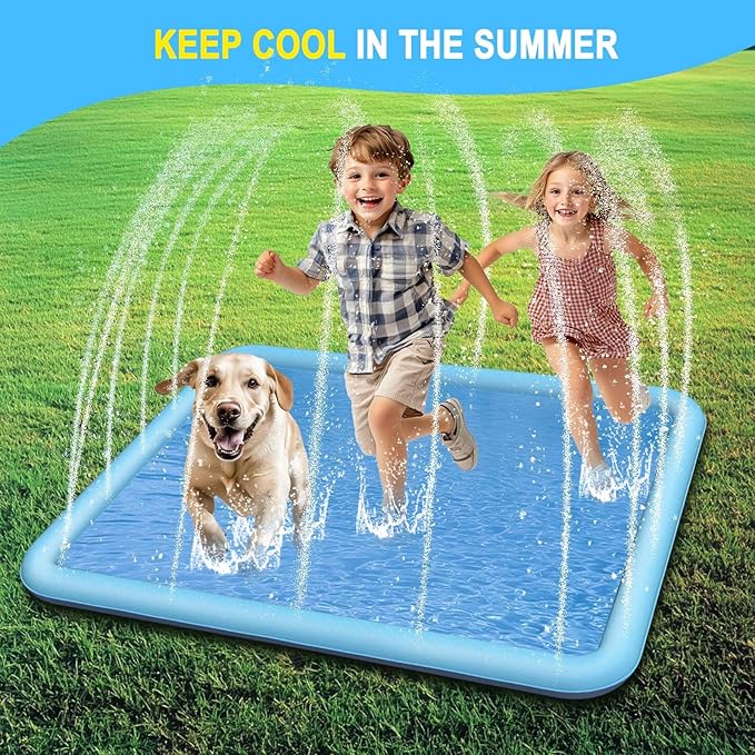 Dog Splash Pad for Kids & Dog, Outdoor Water Toys with Non-Slip Surface, Fun Backyard Water Play Mat, Easy to Install (79 inch, Blue)