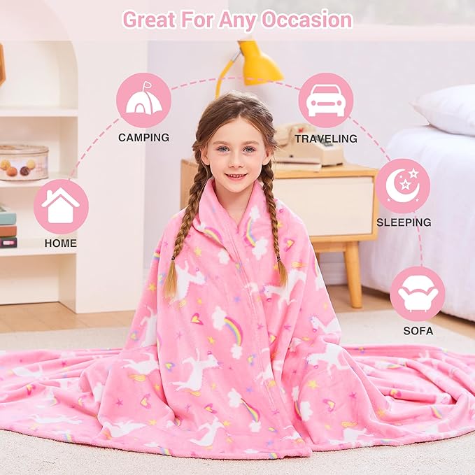 Viviland Kids Throw Blanket, Toddler Pink Unicorn Fleece Blankets for Girls, Age 3-12, Warm Lightweight Plush Throw Blanket for Sofa Chair Couch Bed, Christmas Birthday Gift for Kids, 50" x 60"